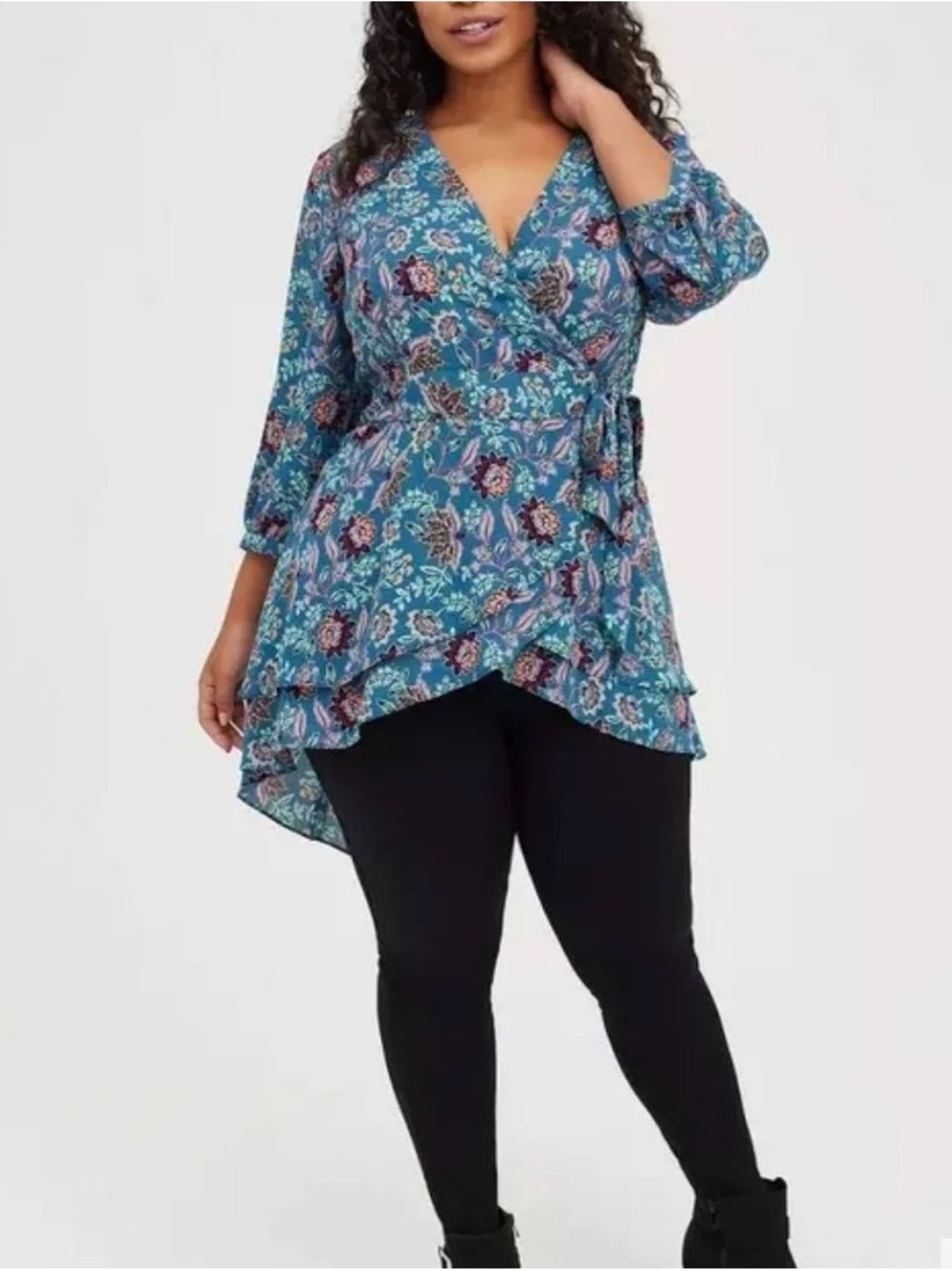 Flattering Torrid Teal Blue Floral Wrap Tunic Top NWT